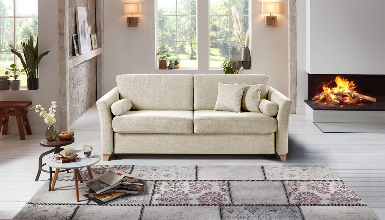 Boxspringsofa in Bezug Bermudas Creme