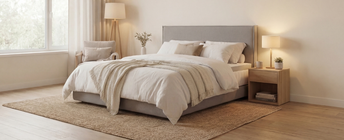 Schlafzimmer mit großem Bett, hellen Bettdecken, Nachttisch mit Lampe und Pflanzen sowie großem Fenster