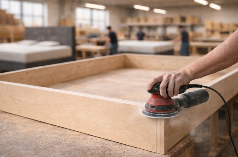 Hand schleift mit elektrischem Schwingschleifer einen Holzrahmen in einer Werkstatt