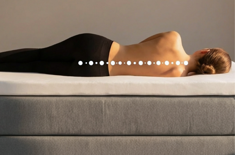 Frau liegt seitlich auf einer Matratze mit freiem Rücken und schwarzer Hose